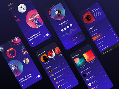 Music Player Apps concept blue colorful creative dark mode dark theme dark ui design inspiration drakkar minimal mobile app design mobile ui modern music music app music player orange trend typogaphy ui uidesign