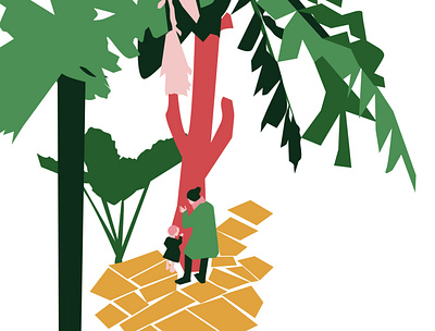 A woman and a child listening to the vibes of a tropical tree child illustration inkscape tree woman