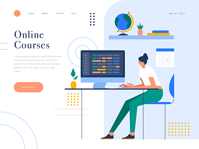 online courses character illustration coder e learning geometric home office icon icons illustration landing page online course shape simple website