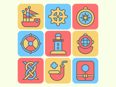 Nautical Icons flat icons illustrations lighthouse pipe sailors knot ship simple