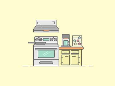 Kitchen appliances cabinet coffee illustration keurig kitchen mug stove stuff yellow
