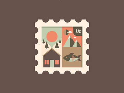 Stamp cabin fall fish icon illustration mountains stamp