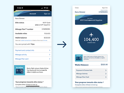 Visual Redesign of Alaska Airlines Account Page alaska design figma mobile product productdesign redesign travel ui ux