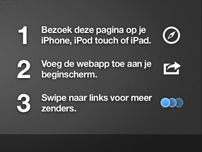 "Zenders" website: Instructions grey homescreen icons iphone safari swipe webapp zenders
