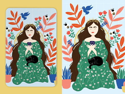 The Empress black cat card cards deck design drawing empress flat illustration floral flower flowers illustration plant illustration plants tarot tarot card tarot deck texture woman woman illustration