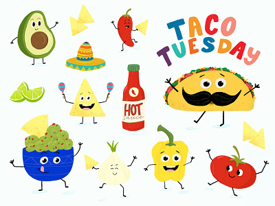 Taco Tuesday bright colors characters design drawing flat illustration hand lettering illustration lettering taco taco tuesday tacos type typography