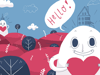 Hello first entry heart hello hills house illustration introduction love tree
