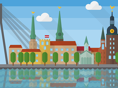 Riga in spring bridge building city house illustration latvia reflection riga river spring street vector