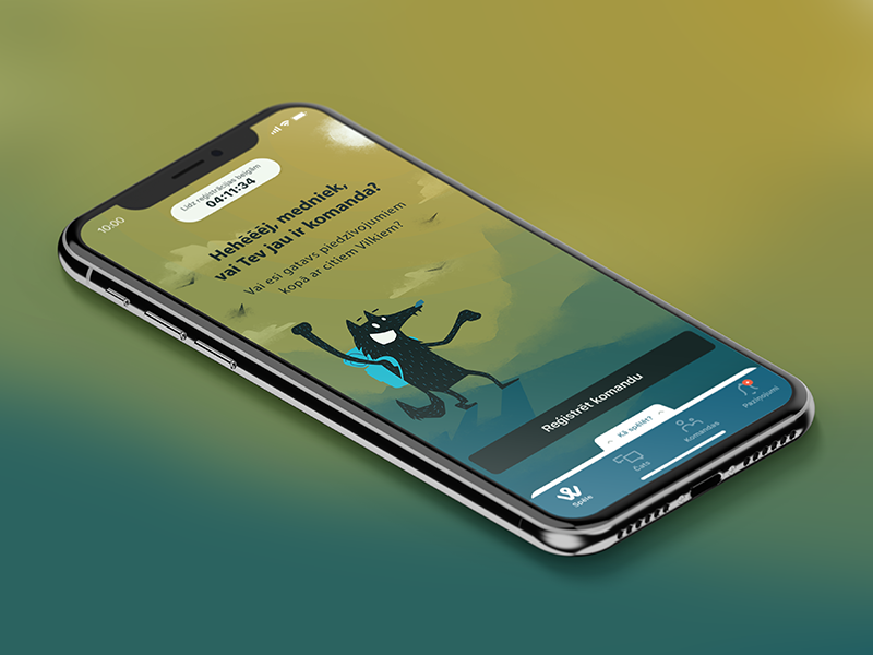 Home screen of a live mobile scavenger game wolf screen illustration design application mockup mobile app ui ux