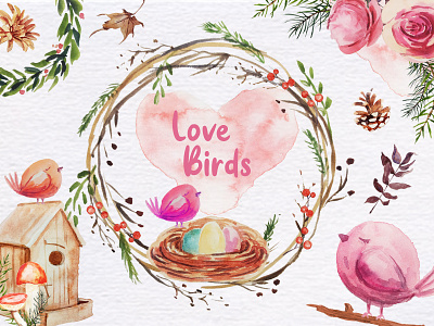 Love Birds Watercolor Clipart cartoon