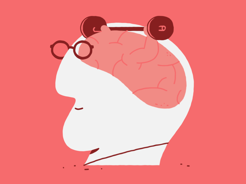 Training animation brain clever design glasses head illustration man muscle training weights.