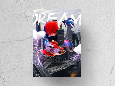 DREAM Poster city cloud colorful dream fish flying lightning poster purple red surreal urban
