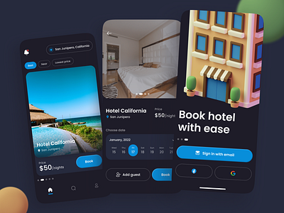 Hotel Booking app exploration 🏨 3d 3d design 3d illustration 3d modeling app book clean dark mode design graphic design hotel hotel booking illustration ios minimal splash screen ui vacation