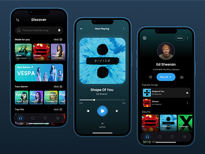 Myuseek - Music Streaming App app audio blue branding clean dark dark mode design minimal music music app night mode slab streaming streaming app ui ux