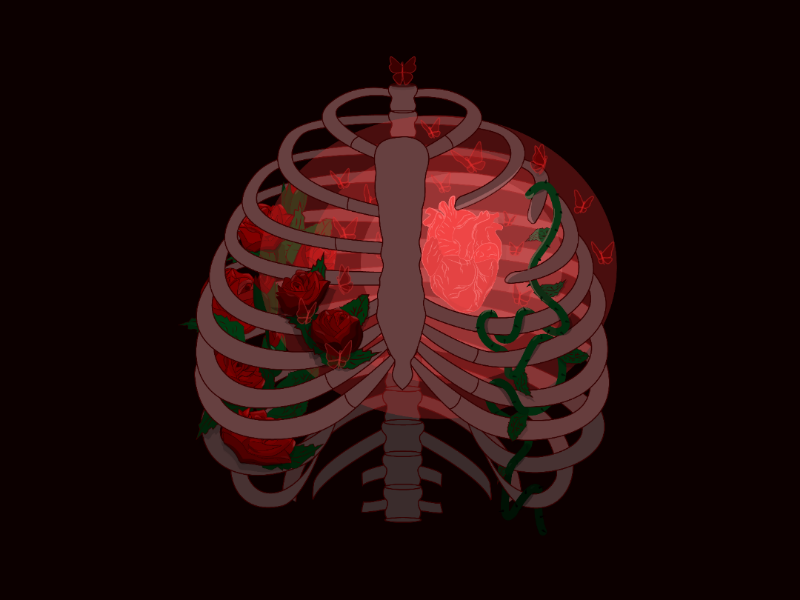Inspiration emotions feelings inspiration love skeleton ribs butterflies art flowers heart shining vector illustrator illustration