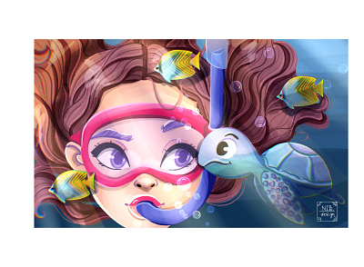 Under water cartoon cartoon girl cartoon illustration fish girl illustration summer summer vibes turtle water