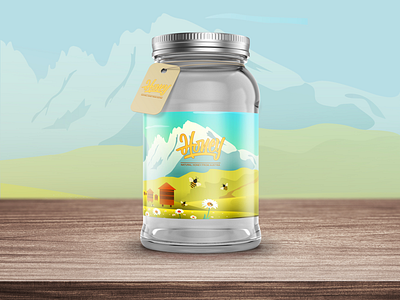package design for Honey bees field honey illustration jar logo mountain natural packaging design vector