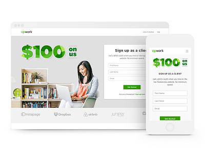 Landing page for "$100 on us" campaign