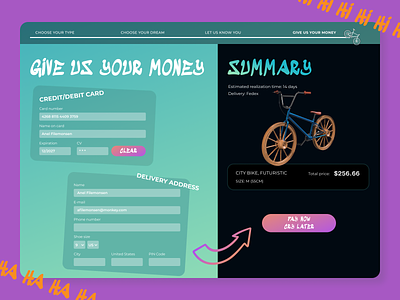 Pimp my bike april fools day bike brutalism checkout design eco friendly form graphic design haha humor joke payment personalization price summary typography ui ux wizard