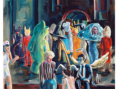 Masquerade clown cook costumes crowd egg figure fine art fine arts fineart masquerade mushroom nurse oil on canvas oil painting party people rabbit sun whale witch