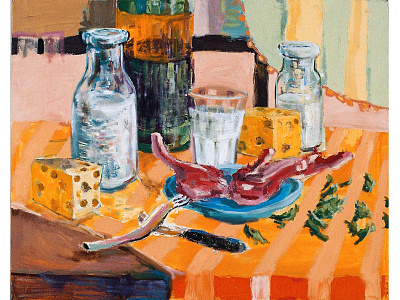 Cow cheese colorful cow dinner fine arts fineart fork knife meat milk oil on canvas oil painting orange parsley pattern plate still life stilllife table