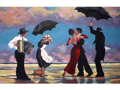 The Singing Butler With The Accordionist accordion accordionist clasic clouds colorful dancer dancing figurative fine art fine arts fineart gradients landscape oil on canvas oil painting reproduction singer singing singing butler