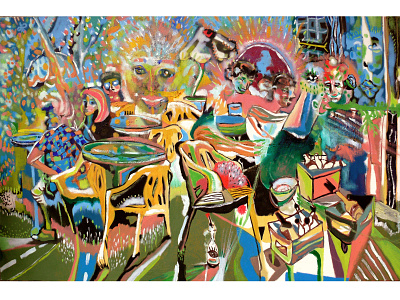 Possibility X abstract colorful crowded figure fine art fineart oil on canvas oil painting pattern people tea tea garden tearoom