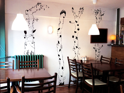 Kutu Cafe Mural acrylics black and white bnw cafe decor decoration design fine art illustration illustrator jungle linework minimal mural mural design muralist painting trees wall art wallart