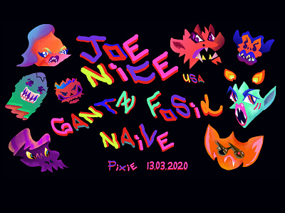 Joe Nice / Gantz / Fosil / Naive Gig Poster character character design characterdesign demons gig poster graphic graphic design graphic design heads illustration illustrator monsters pixieunderground poster poster art