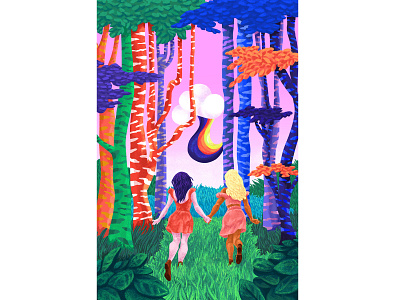 🌳 Running In The Forest 🌳 character colorful digital art digital illustration digital painting ecekalabak figure fine art flat design forest girls handinhand illustration illustrator rainbow running trees women