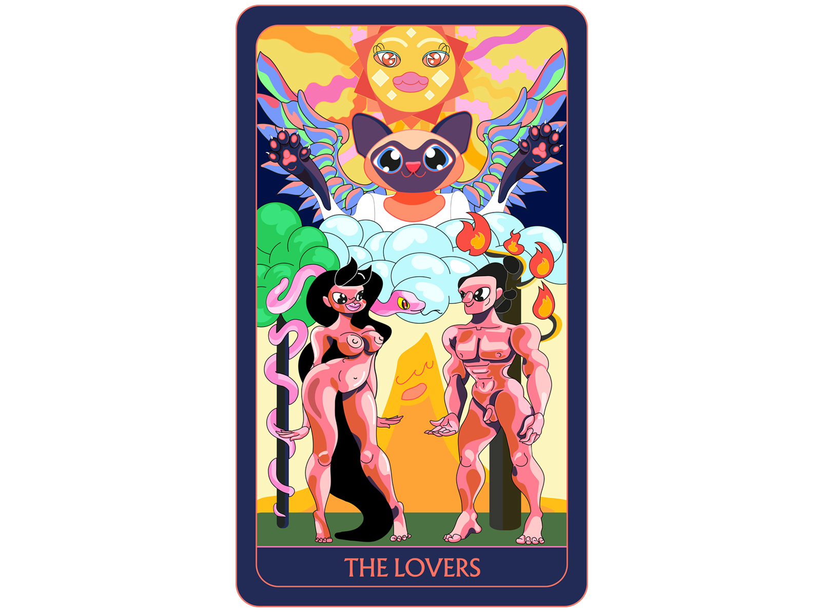 🔥❤️ The Lovers ❤️🔥 character colorful design ecekalabak figure fire flame flat illustration illustration illustrator love nudes siamese snake sun tarot tarot card tarot cards tarot deck the lovers