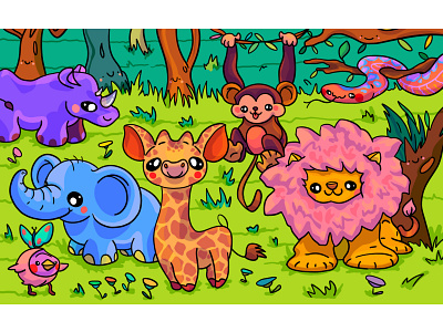 Jungle character design design illustration illustrator jungle kawaii kids illustration lion monkey puzzle snake spot the difference