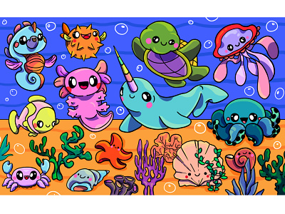 Underwater Cuties characters colorful cuties ece kalabak illustration illustrator kawaii kids illustrations puzzle spot the difference underwater