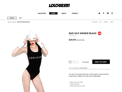 Loudress product info page. clothing minimal product simple webdesign webdevelopement website white