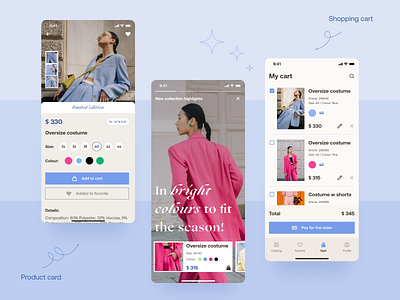 Fashion clothes store mobile app application blue clothes ecommerce fashion minimal mobile app pink shop store suit