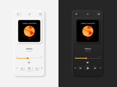 Neumorphic Light and Dark Modes of Music Player app coldplay colors dark mode figma grey light mode mode music app music player music player ui neumorphic neumorphism orange parachutes ui ui design ux white yellow