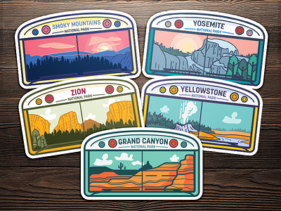 Skoolie National Park Stickers for sale grand canyon graphic design illustration national park skoolie smoky mountains stickers vector yellowstone yosemite zion
