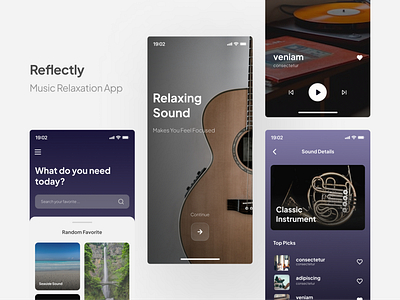 Reflectly - Music Relaxation Apps branding design flat illustration logo minimal mobile ui uiux vector web website