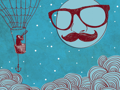 Explorer ballooner clouds illustration moon moustache poster