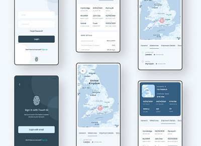 Logistics application app card design cards ui delivery app design ios maps overview product design sign in signup touch id tracking app ui