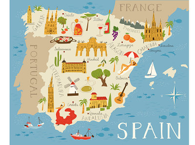 Map of Spain design flat illustration map minimal sketch spain typography vector