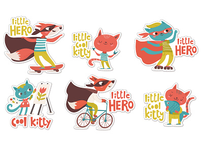 Little Hero stickers set with cartoon kitten and fox characters animal card character children design flat hero illustration kids kitty label minimal sticker vector