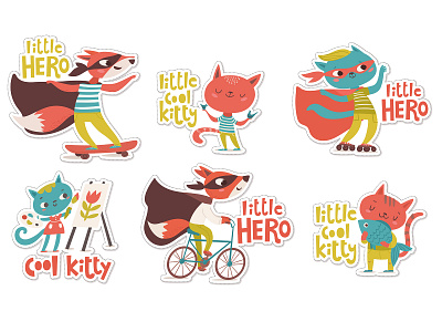 Little Hero stickers set with cartoon kitten and fox characters