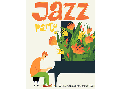 Jazz Party poster invitation character concert design illustration jazz musician party piano poster vector