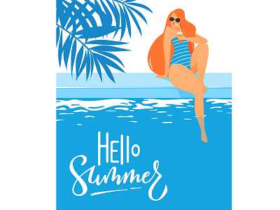 Hello Summer poster with cute lady character design flat illustration illustrator poster summer vector