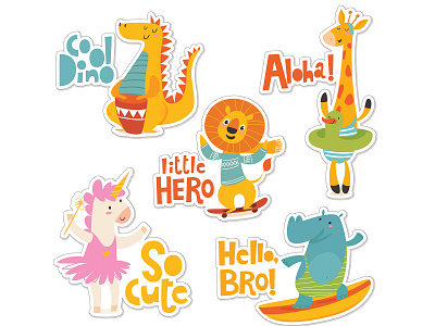 Cute kids stickers animals card cartoon character design flat illustration kids sticker stylized vector