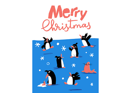 Merry Christmas poster with funny penguins animal card character christmas design flat illustration minimal penguin poster vector