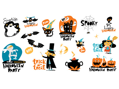 Set of Halloween stickers character design flat halloween illustration logo sticker trickortreat vector witch