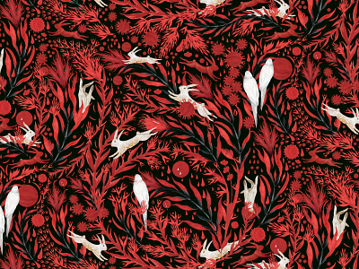 Half drop pattern design; collection: Summer's Gonna Hurt You fairytailish illustration pattern rabbit red repeatpattern surfacedesign