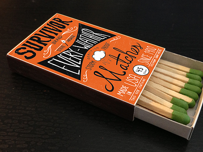 Survivor "Every-Weather" Matches illustration label layout lettering matches packaging typography